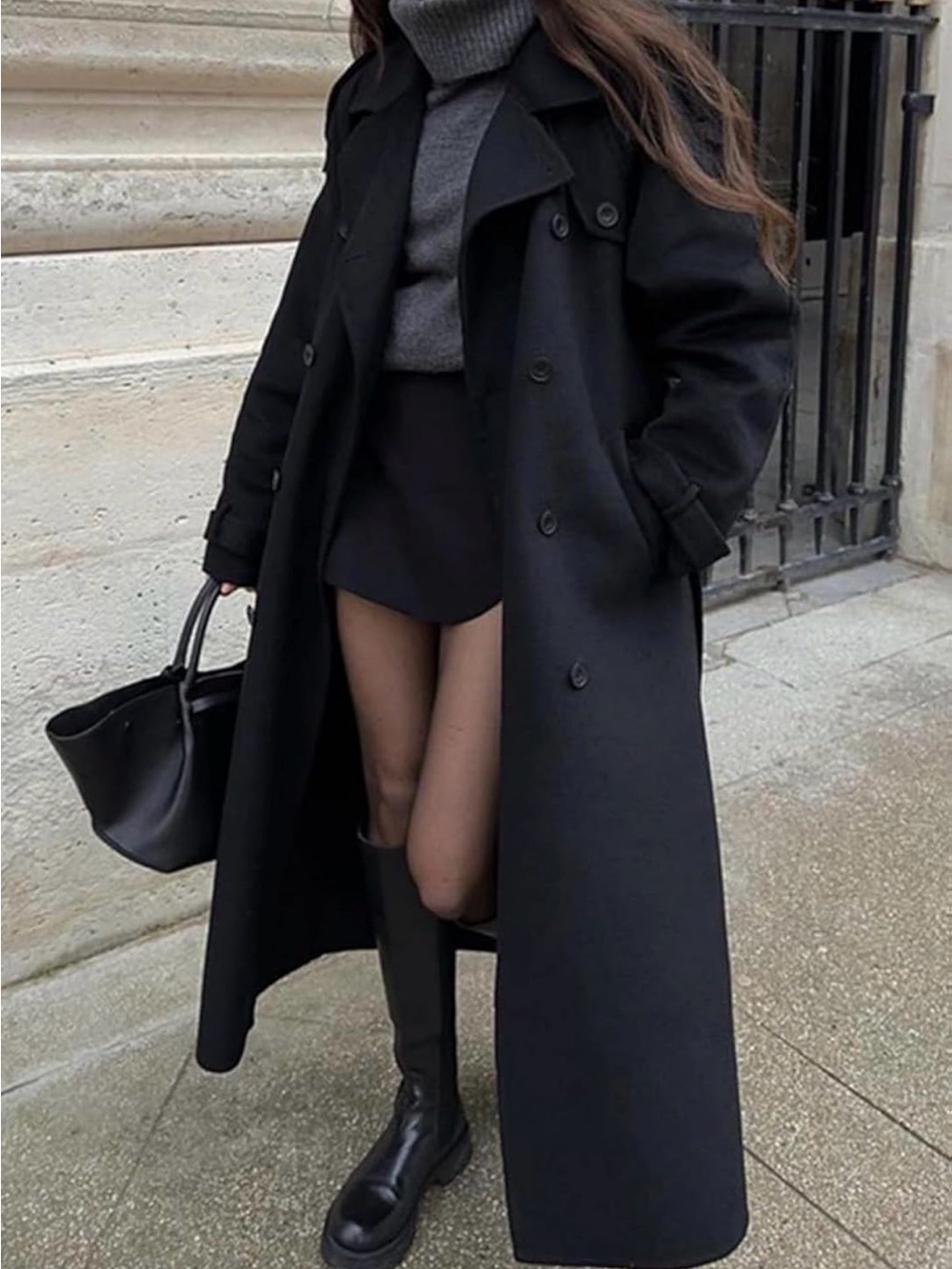 Long Black Double-Breasted Trench Coat